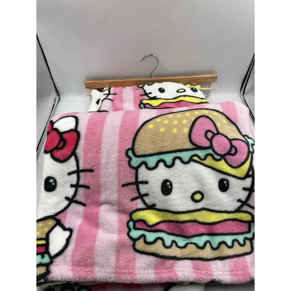Hello Kitty Pink Striped Hamburger Plush Throw 50x70 Viral NWT